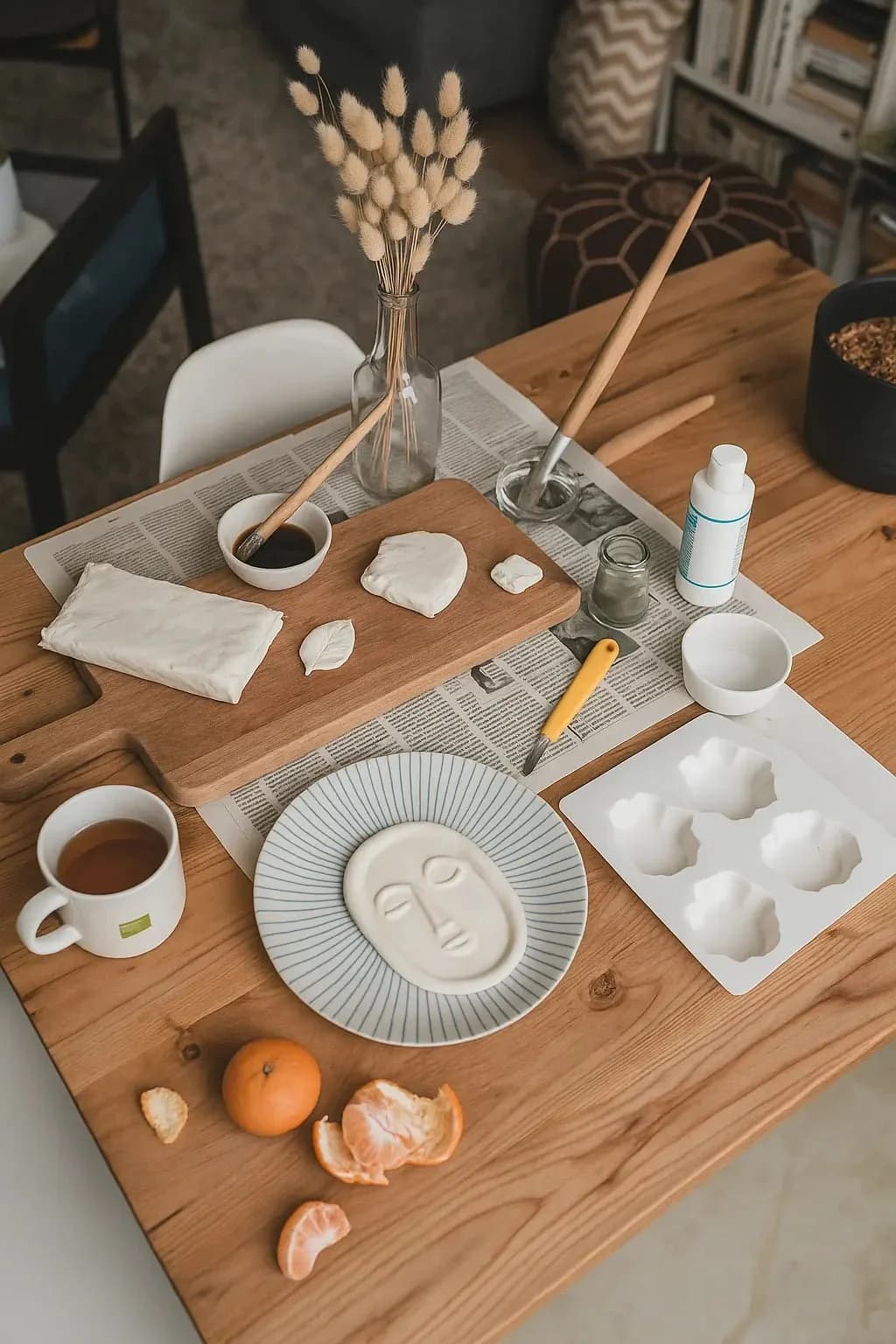 DIY-Töpferset für Familien: Tonrohlinge und Formen, Pinsel, Werkzeug, Tasse Tee und Mandarinenstücke auf hellem Holztisch – kreative Bastelaktivität für Groß und Klein.
